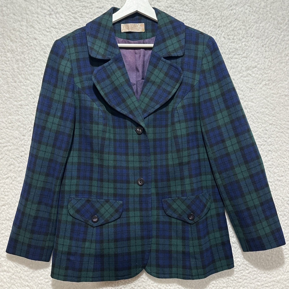 Vintage Pendleton Blazer Jacket Women's Size 18 Virgin Wool Green Tartan Plaid